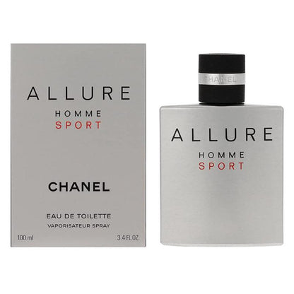 A transparent glass perfume bottle with a black cap, featuring the Chanel Allure Homme Sport logo. The bottle contains Chanel Allure Homme Sport Eau de Toilette 100ML.