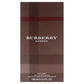 A clear glass perfume bottle with a dark brown cap, containing Burberry London For Men Eau de Toilette. The bottle is sitting on a white background.