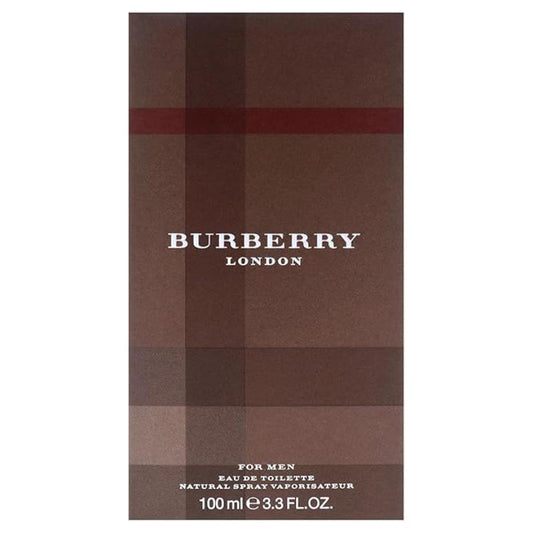 A clear glass perfume bottle with a dark brown cap, containing Burberry London For Men Eau de Toilette. The bottle is sitting on a white background.