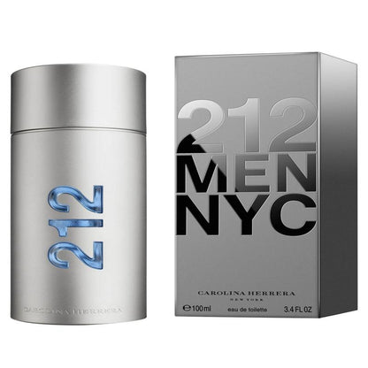 A transparent glass perfume bottle with a black cap, featuring the Carolina Herrera 212 logo. The bottle contains Carolina Herrera 212 Men Eau de Toilette 100ML.