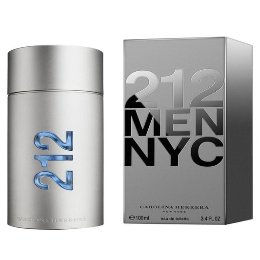 A transparent glass perfume bottle with a black cap, featuring the Carolina Herrera 212 logo. The bottle contains Carolina Herrera 212 Men Eau de Toilette 100ML.