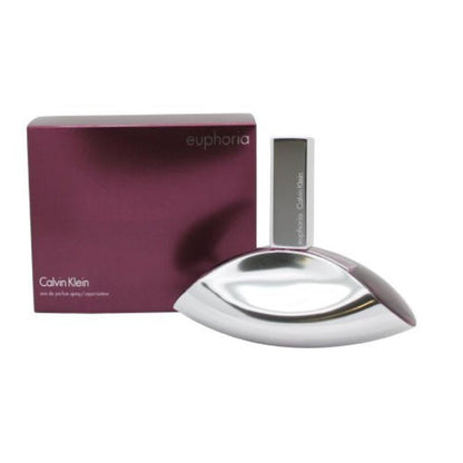 A sleek glass perfume bottle with a silver cap, featuring the Calvin Klein Euphoria logo. The bottle contains Calvin Klein Euphoria Eau de Parfum, with a volume of 100ml.