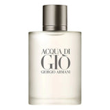 A transparent glass perfume bottle with a blue cap, featuring the Armani Acqua Di Gio logo. The bottle contains Armani Acqua Di Gio For Men Eau De Toilette 100ML.