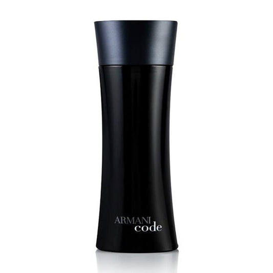 A transparent glass perfume bottle with a black cap, featuring the Armani Code logo. The bottle contains Armani Code For Men Eau De Toilette 125ML.