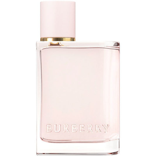 A clear glass perfume bottle with a gold cap, containing Burberry For Her Eau de Parfum for women. The bottle is sitting on a white background.