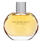 A clear glass perfume bottle with a gold cap, containing Burberry For Women Eau de Parfum. The bottle is sitting on a white background.