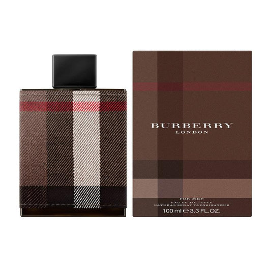 A clear glass perfume bottle with a dark brown cap, containing Burberry London For Men Eau de Toilette. The bottle is sitting on a white background.