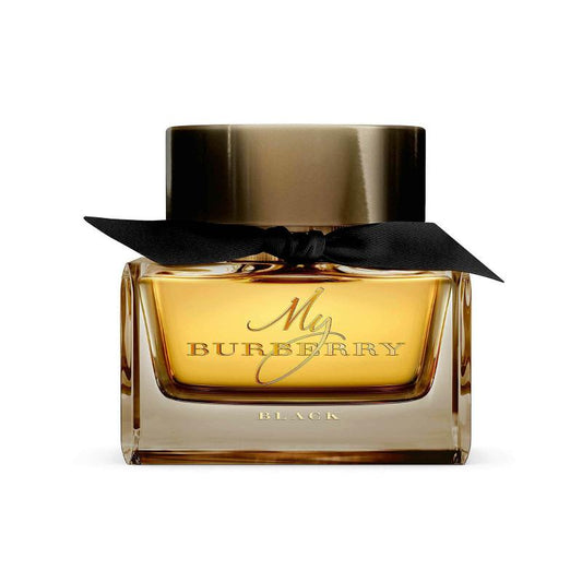 A sleek black glass perfume bottle with a gold cap, featuring the Burberry My Burberry Black logo. The bottle contains Burberry My Burberry Black For Women Eau De Parfum, with a volume of 90ml.