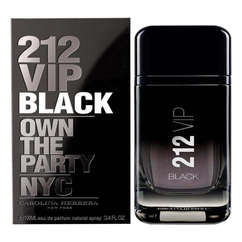 A transparent glass perfume bottle with a black cap, featuring the Carolina Herrera 212 logo. The bottle contains Carolina Herrera 212 VIP Black Men Eau De Parfum 100ML.