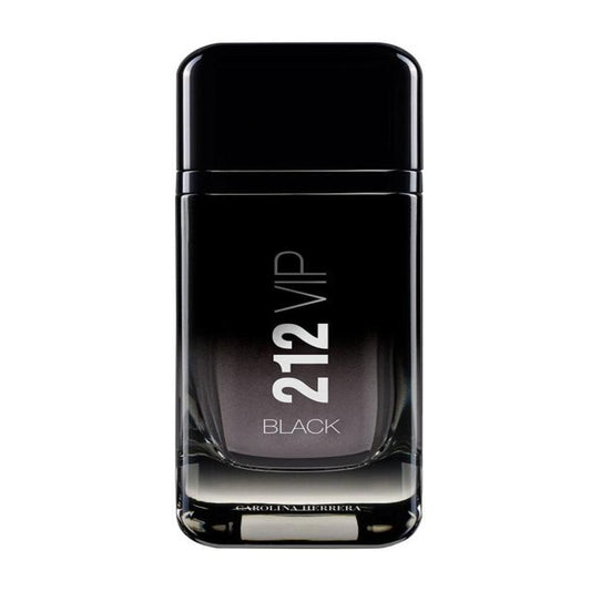 A transparent glass perfume bottle with a black cap, featuring the Carolina Herrera 212 logo. The bottle contains Carolina Herrera 212 VIP Black Men Eau De Parfum 100ML.