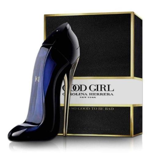 A stiletto-shaped glass perfume bottle with a gold cap, featuring the Carolina Herrera Good Girl logo. The bottle contains Carolina Herrera Good Girl Eau de Parfum, with a volume of 50ml.   