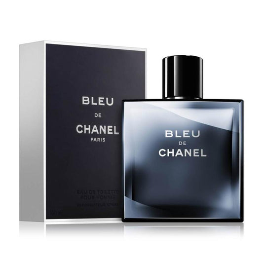 A transparent glass perfume bottle with a black cap, featuring the Bleu de Chanel logo. The bottle contains Bleu de Chanel Eau de Toilette 100ML.