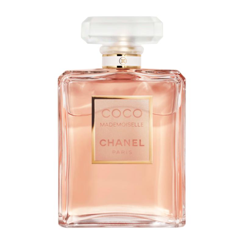 A transparent glass perfume bottle with a gold cap, featuring the Coco Mademoiselle logo. The bottle contains Coco Mademoiselle Eau de Parfum 100ML.