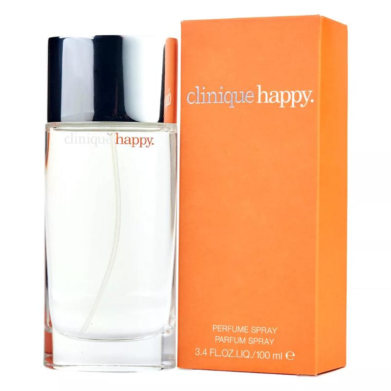 A clear glass perfume bottle containing Clinique Happy Eau de Parfum for Women. The bottle has a sleek design with a silver cap. The liquid inside is a light, refreshing color.