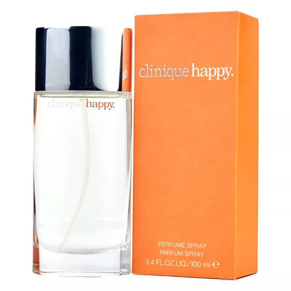 A clear glass perfume bottle containing Clinique Happy Eau de Parfum for Women. The bottle has a sleek design with a silver cap. The liquid inside is a light, refreshing color.