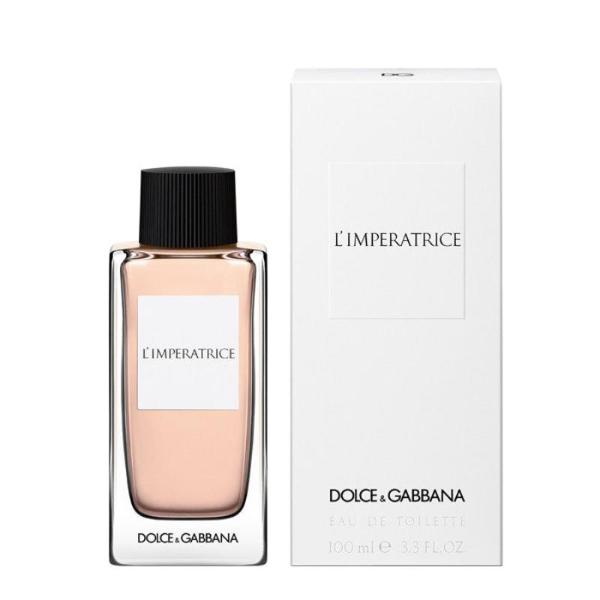 A clear glass perfume bottle containing Dolce & Gabbana D&G Anthology 3 L'Imperatrice Eau de Toilette. The bottle features a feminine design with a light blue hue, suggesting a fresh and aquatic fragrance.