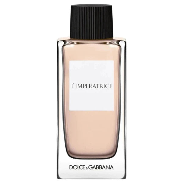 A clear glass perfume bottle containing Dolce & Gabbana D&G Anthology 3 L'Imperatrice Eau de Toilette. The bottle features a feminine design with a light blue hue, suggesting a fresh and aquatic fragrance.