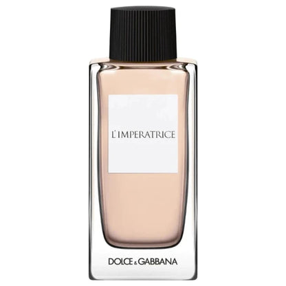 A clear glass perfume bottle containing Dolce & Gabbana D&G Anthology 3 L'Imperatrice Eau de Toilette. The bottle features a feminine design with a light blue hue, suggesting a fresh and aquatic fragrance.