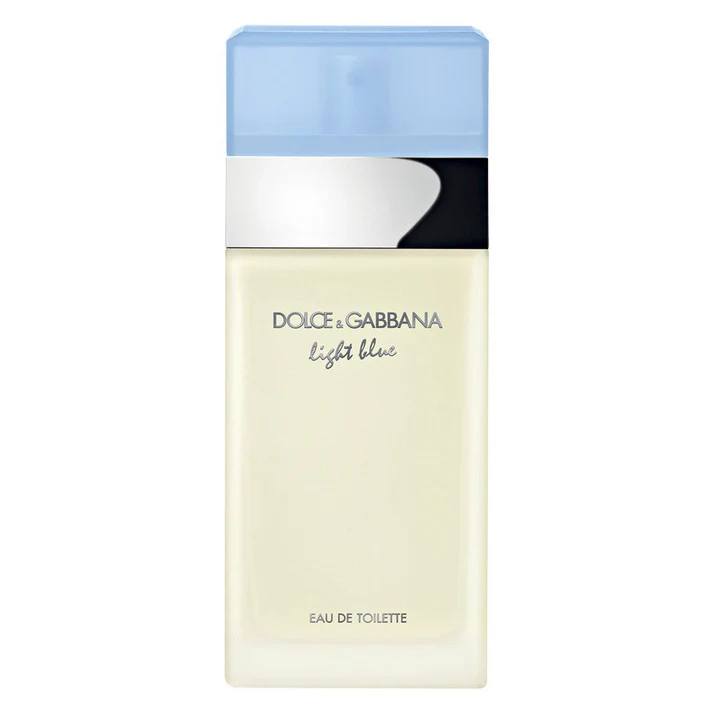 A clear glass perfume bottle containing Dolce & Gabbana Light Blue for Women Eau de Toilette. The bottle features a light blue hue and a sleek, modern design, suggesting a fresh and airy fragrance.