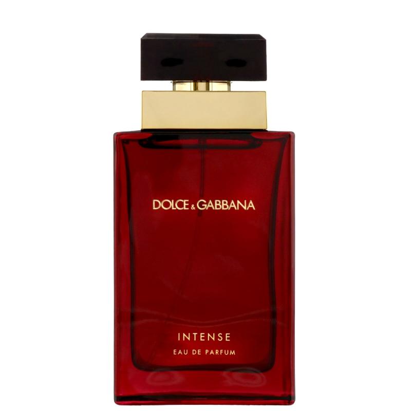 A luxurious, glass perfume bottle containing Dolce & Gabbana Pour Femme Intense Eau de Parfum. The bottle has a sophisticated design with a deep, rich color, suggesting a sensual and opulent fragrance.