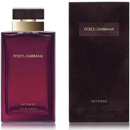 A luxurious, glass perfume bottle containing Dolce & Gabbana Pour Femme Intense Eau de Parfum. The bottle has a sophisticated design with a deep, rich color, suggesting a sensual and opulent fragrance.