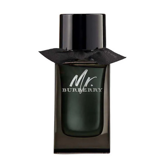 A sleek glass perfume bottle with a dark cap, featuring the Burberry Mr Burberry logo. The bottle contains Burberry Mr Burberry For Men Eau de Parfum, with a volume of 100ml.