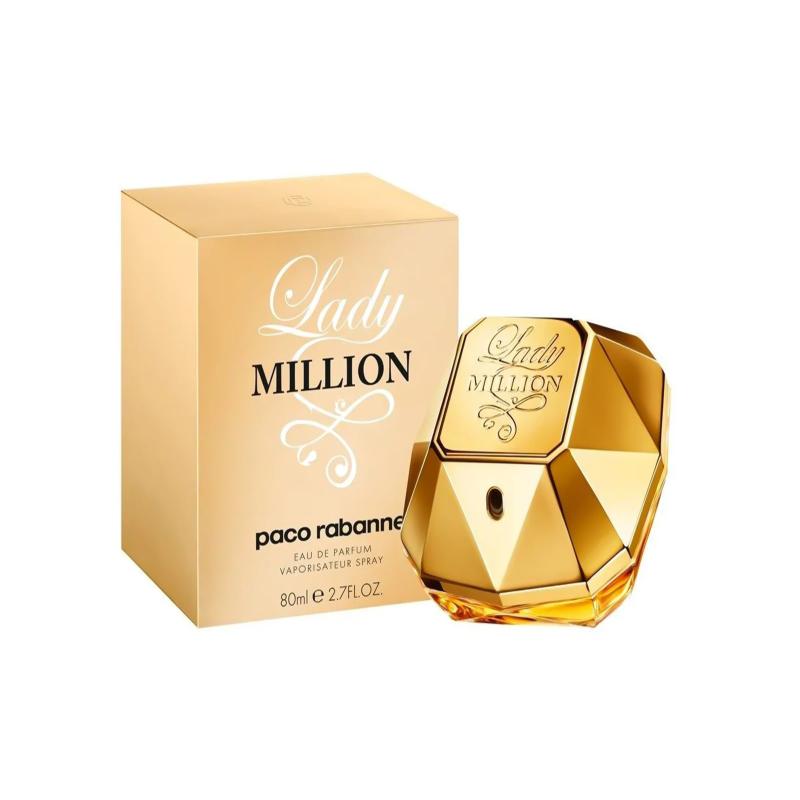 A luxurious, diamond-shaped perfume bottle with a golden cap. The perfume is Paco Rabanne Lady Million, a floral and fruity fragrance for women.